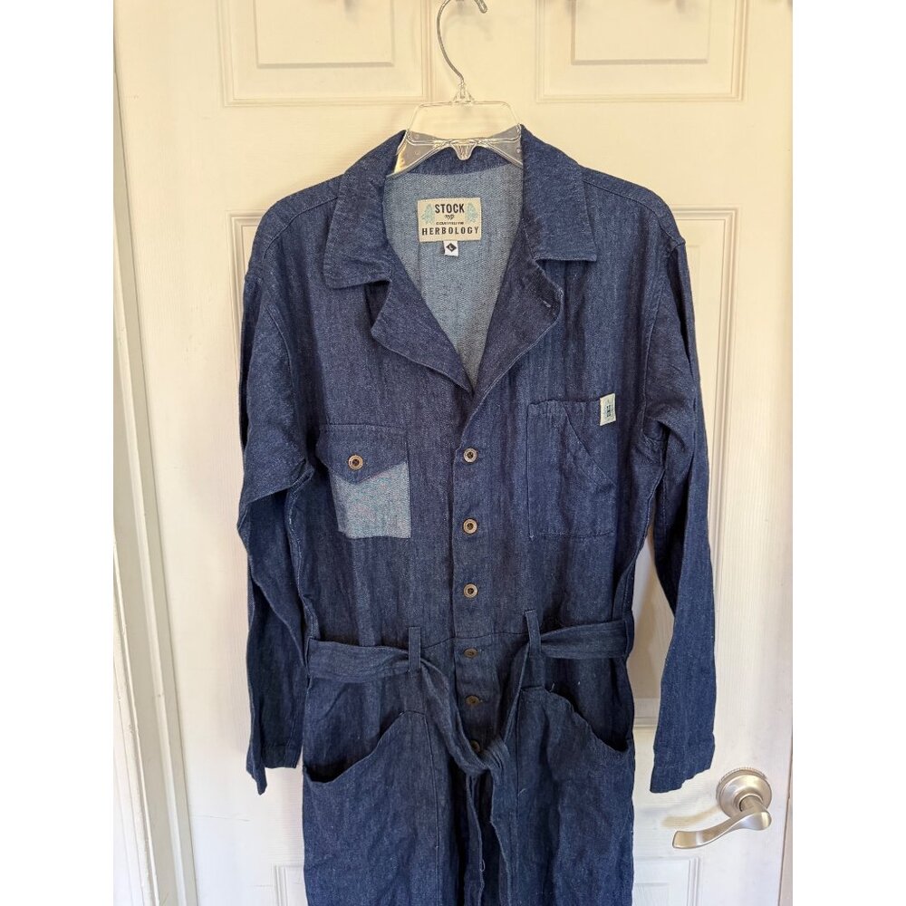 Stock MFG Herbology Denim Long Sleeve Wide Leg Jumpsuit Women's Large - Picture 2 of 6
